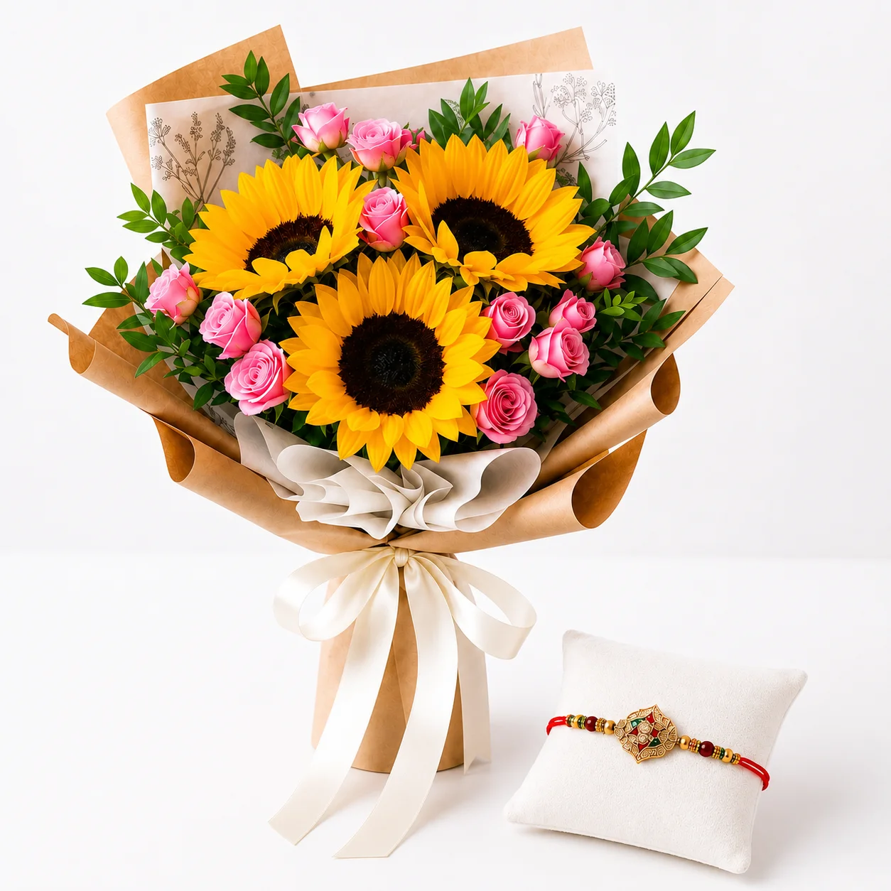 pink spray roses and a festive designer rakhi gift